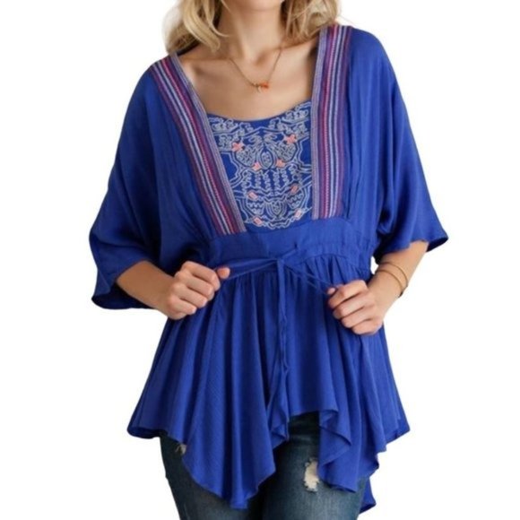 Entro Tunic Blouse Blue Embroidered Crinkle L Large Dolman Sleeves - Picture 1 of 13